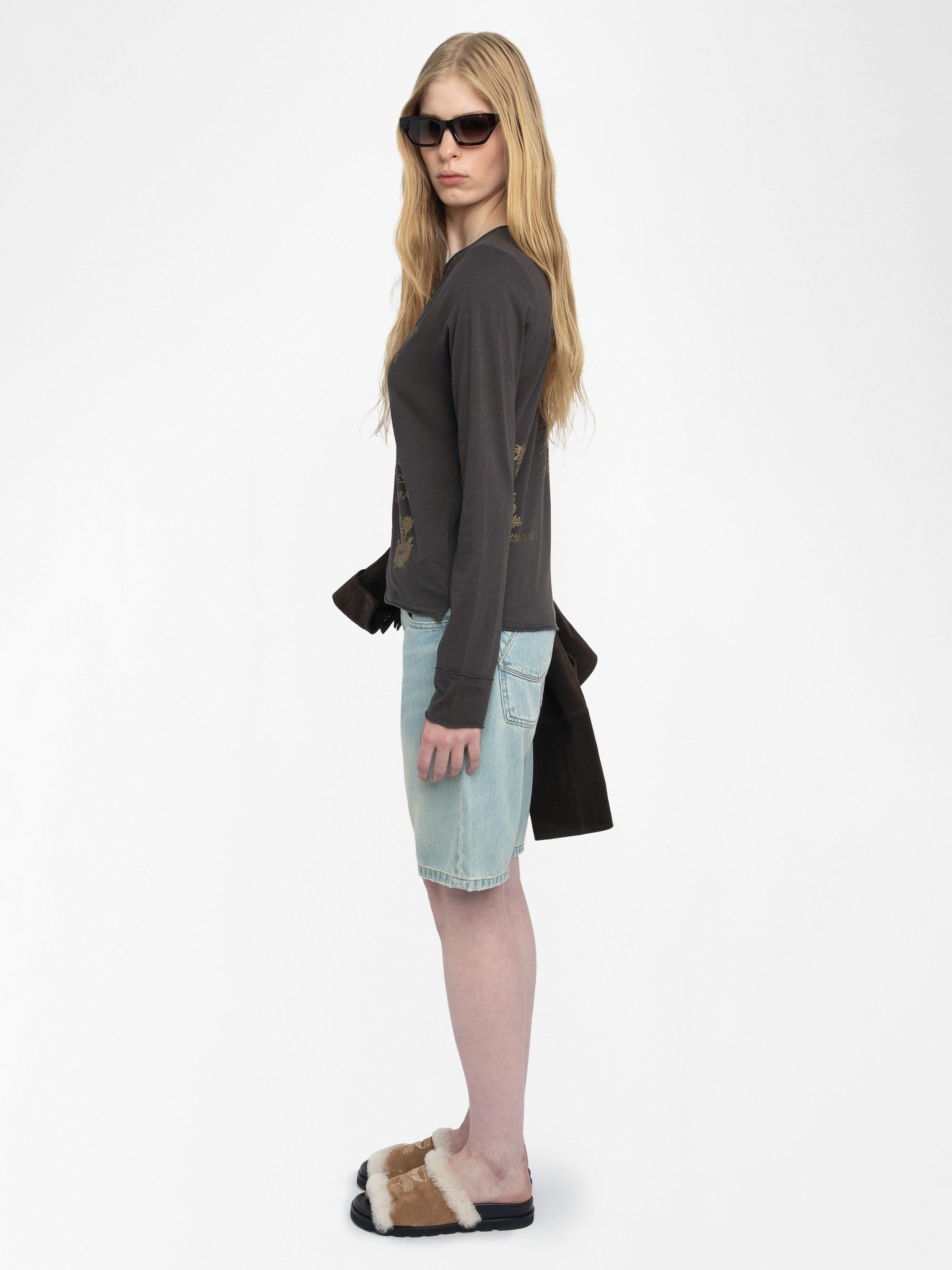 Henley T-shirt Tuni - Long-sleeved henley t-shirt with multi-crystal embellishment.